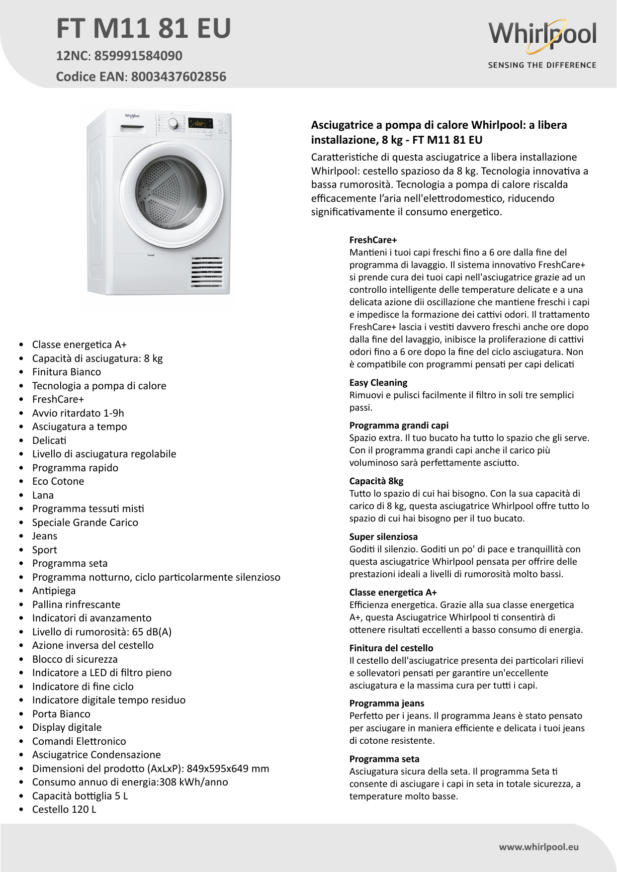 Whirlpool FT M11 81 EU Dryer Product Data Sheet | Manualzz