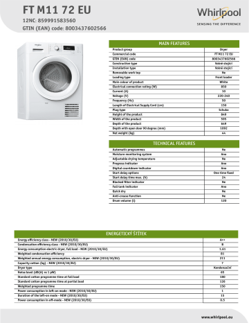 Whirlpool FT M11 72 EU Dryer Product Data Sheet | Manualzz