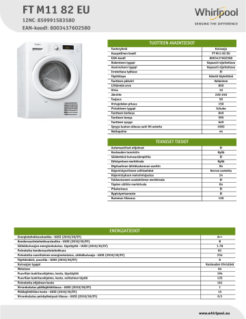Whirlpool FT M11 82 EU Dryer Product Data Sheet | Manualzz