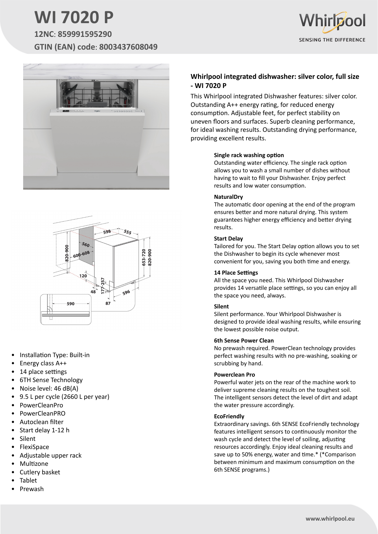 Whirlpool WI 7020 P Dishwasher Product Data Sheet | Manualzz