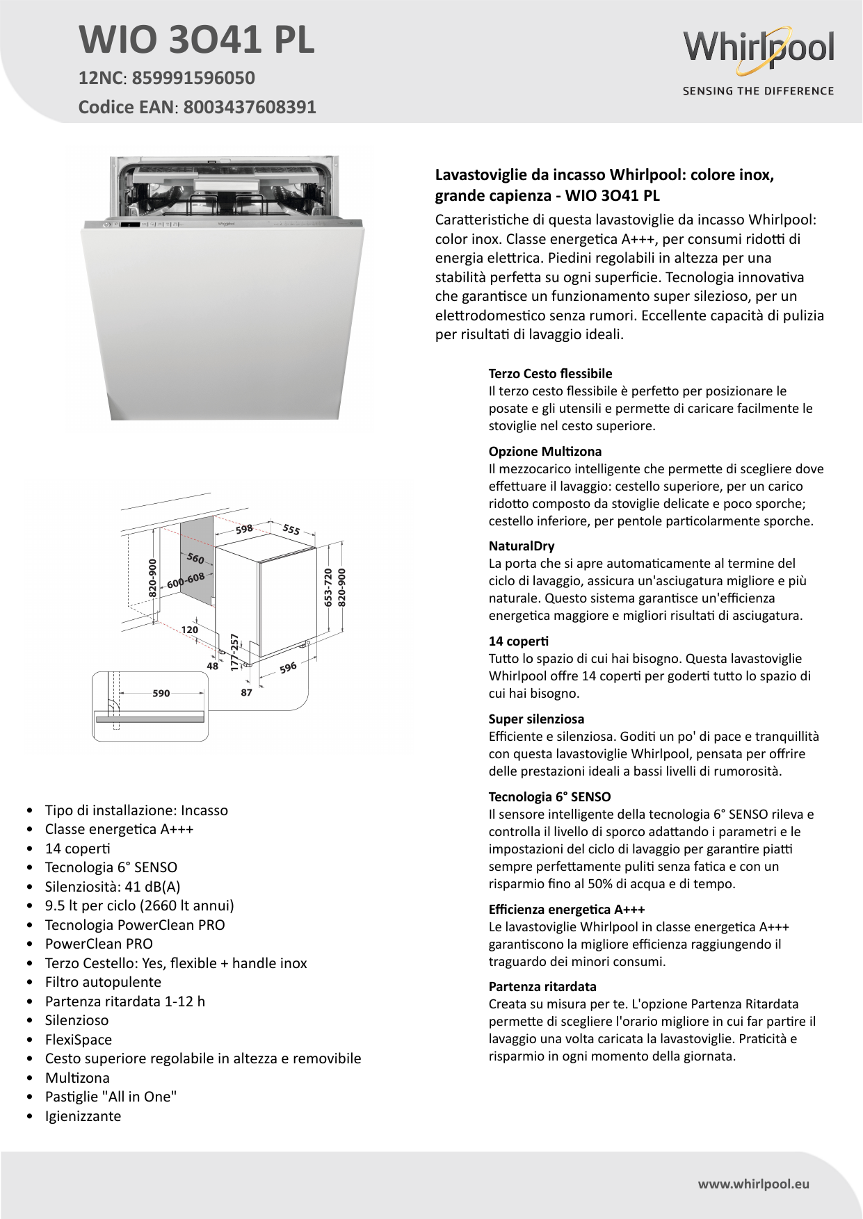 Whirlpool WIO 3O41 PL Dishwasher Product Data Sheet | Manualzz
