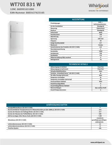 Whirlpool WT70I 831 W Fridge/freezer combination NEL Data Sheet | Manualzz