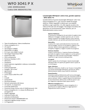 Whirlpool WFO 3O41 P X Dishwasher Product Data Sheet | Manualzz
