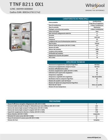 Whirlpool T TNF 8211 OX1 Fridge/freezer combination NEL Data Sheet | Manualzz