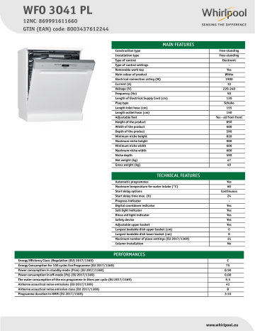 Whirlpool WFO 3O41 PL Dishwasher NEL Data Sheet | Manualzz