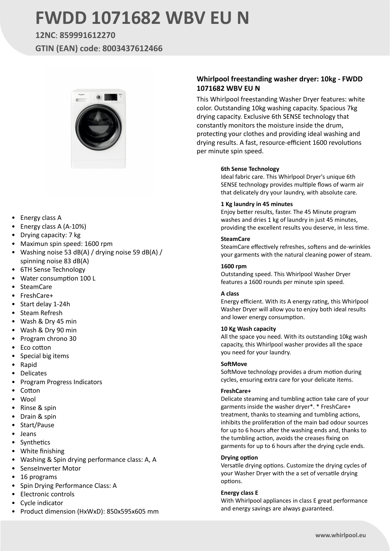 Whirlpool FWDD 1071682 WBV EU N Washer dryer Product Data Sheet | Manualzz