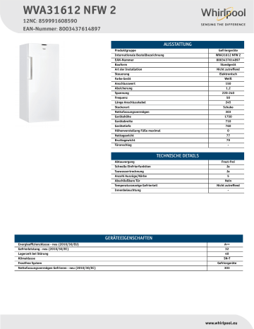 Whirlpool WVA31612 NFW 2 Freezer Product Data Sheet | Manualzz