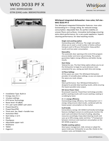 Whirlpool WIO 3O33 PF X Dishwasher Product Data Sheet | Manualzz