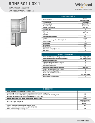 Whirlpool B TNF 5011 OX 1 Fridge/freezer combination NEL Data Sheet | Manualzz