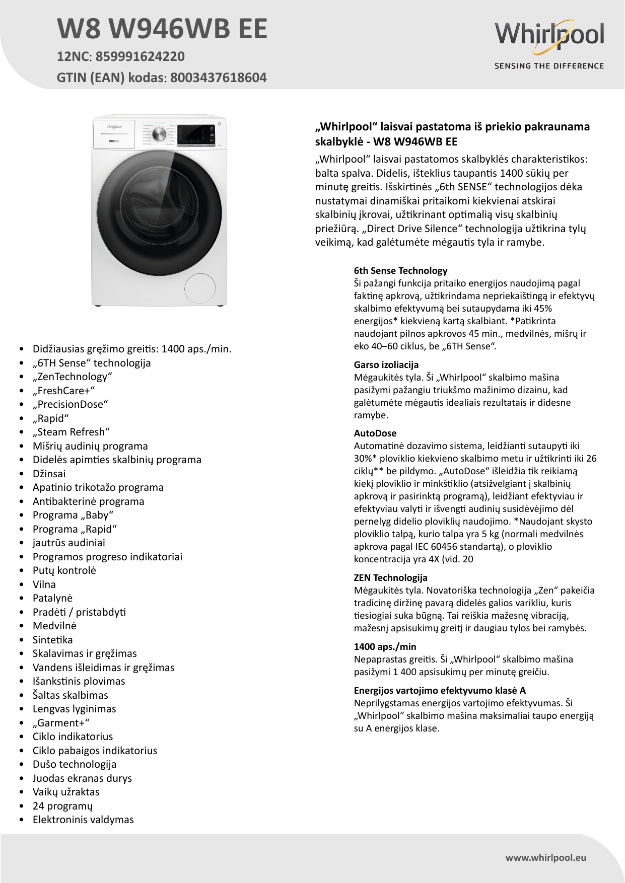 Whirlpool W8 W946WB EE Washing machine Product Data Sheet | Manualzz