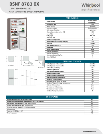 Whirlpool BSNF 8783 OX Fridge/freezer combination Product Data Sheet | Manualzz