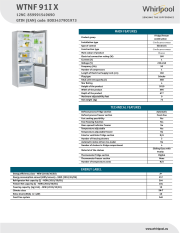 Whirlpool WTNF 91I X Fridge/freezer combination Product Data Sheet | Manualzz