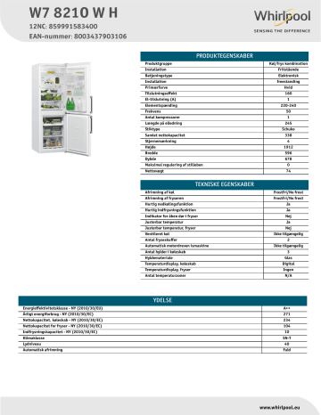 Whirlpool W7 821O W H Fridge/freezer combination Product Data Sheet | Manualzz