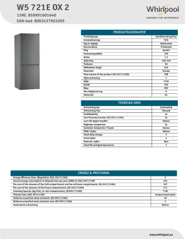 Whirlpool W5 721E OX 2 Fridge/freezer combination NEL Data Sheet | Manualzz