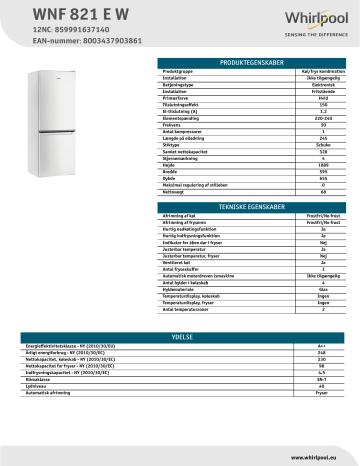 Whirlpool WNF 821 E W Fridge/freezer combination Product Data Sheet | Manualzz