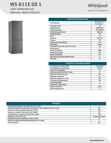 Whirlpool W5 811E OX 1 Fridge/freezer combination NEL Data Sheet | Manualzz