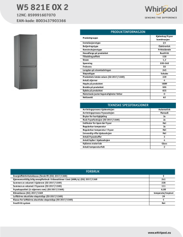 Whirlpool W5 821E OX 2 Fridge/freezer combination NEL Data Sheet | Manualzz