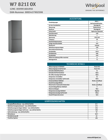Whirlpool W7 821I OX Fridge/freezer combination Product Data Sheet | Manualzz