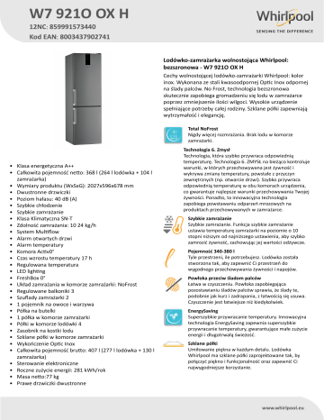 Whirlpool W7 921O OX H Fridge/freezer combination Product Data Sheet | Manualzz