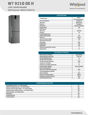 Whirlpool W7 921O OX H Fridge/freezer combination Product Data Sheet | Manualzz