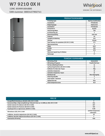Whirlpool W7 921O OX H Fridge/freezer combination NEL Data Sheet | Manualzz