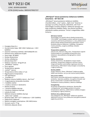Whirlpool W7 921I OX Fridge/freezer combination Product Data Sheet | Manualzz