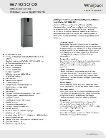 Whirlpool W7 921O OX Fridge/freezer combination Product Data Sheet | Manualzz