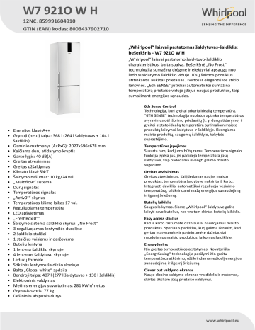 Whirlpool W7 921O W H Fridge/freezer combination Product Data Sheet | Manualzz