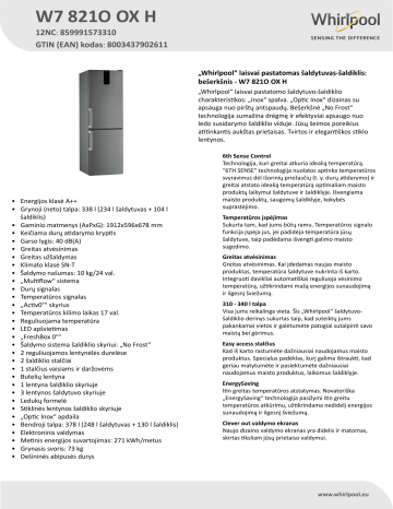 Whirlpool W7 821O OX H Fridge/freezer combination Product Data Sheet | Manualzz