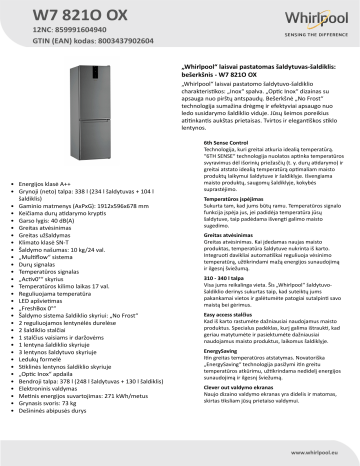 Whirlpool W7 821O OX Fridge/freezer combination Product Data Sheet | Manualzz