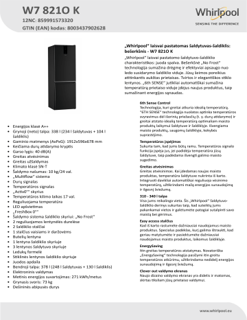 Whirlpool W7 821O K Fridge/freezer combination Product Data Sheet | Manualzz