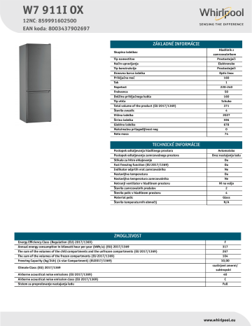 Whirlpool W7 911I OX Fridge/freezer combination NEL Data Sheet | Manualzz