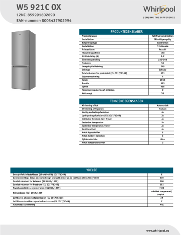 Whirlpool W5 921C OX Fridge/freezer combination NEL Data Sheet | Manualzz