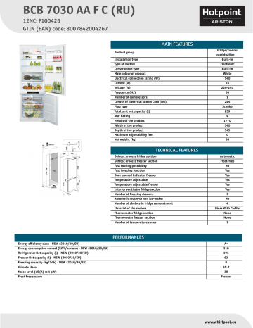 HOTPOINT/ARISTON BCB 7030 AA F C (RU) Fridge/freezer combination Product Data Sheet | Manualzz