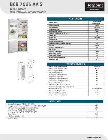 HOTPOINT/ARISTON BCB 7525 AA S Fridge/freezer combination Product Data Sheet | Manualzz