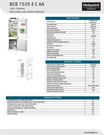 HOTPOINT/ARISTON BCB 7525 E C AA Fridge/freezer combination Product Data Sheet | Manualzz