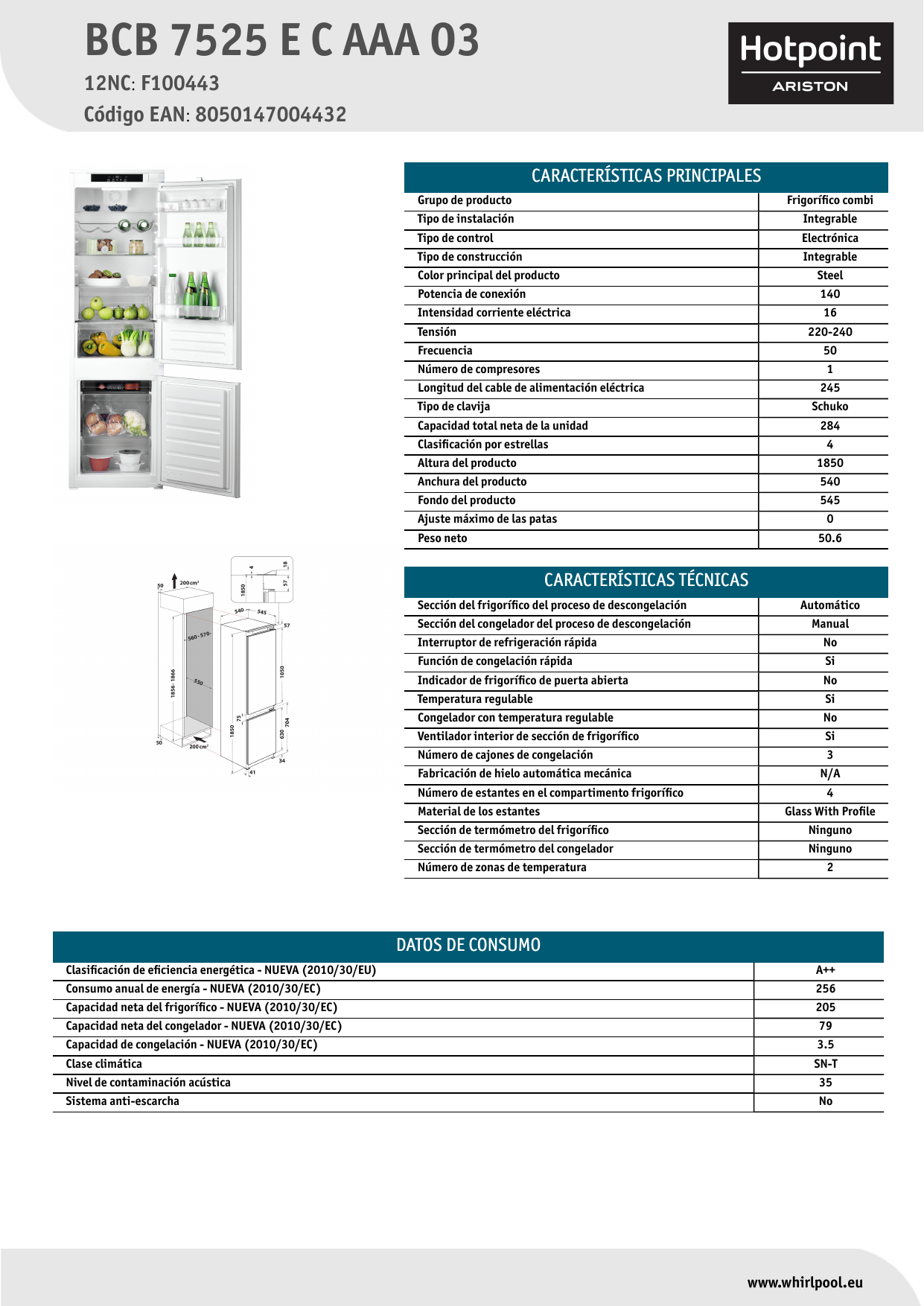 HOTPOINT/ARISTON BCB 7525 E C AAA O3 Fridge/freezer combination Product  Data Sheet | Manualzz