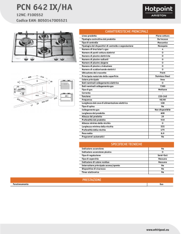 HOTPOINT ARISTON PCN 642 IX HA Hob Product Data Sheet Manualzz