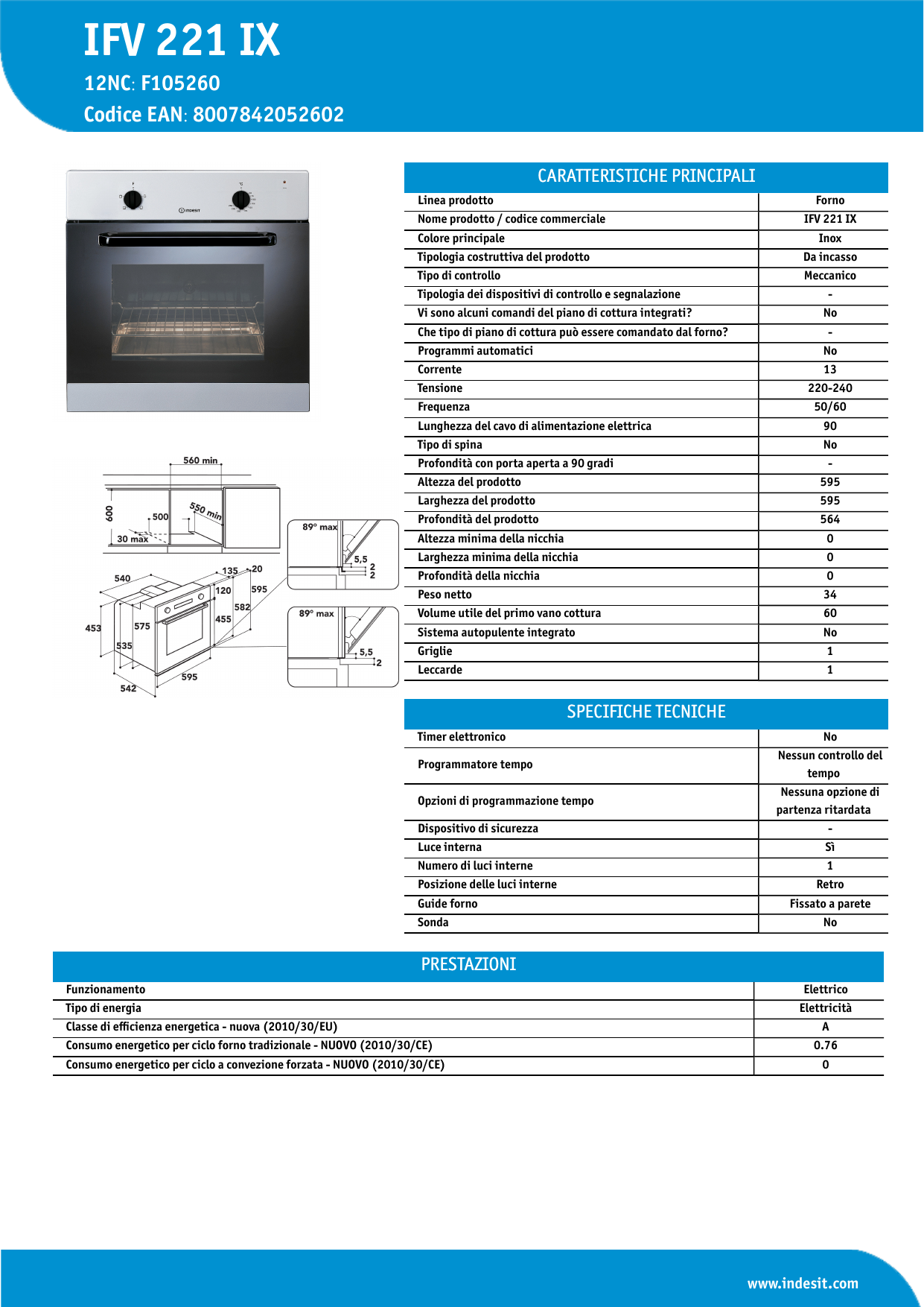 Indesit IFV 221 IX Oven Product Data Sheet | Manualzz