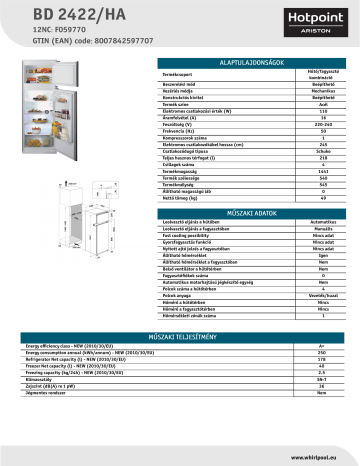 HOTPOINT/ARISTON BD 2422/HA Fridge/freezer Combination Product Data ...