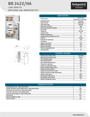 HOTPOINT/ARISTON BD 2422/HA Fridge/freezer combination Product Data Sheet | Manualzz
