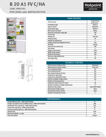 HOTPOINT/ARISTON B 20 A1 FV C/HA Fridge/freezer combination Product Data Sheet | Manualzz