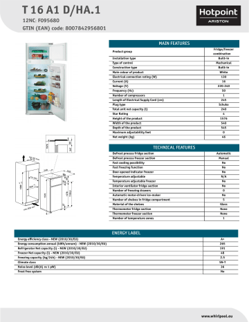 HOTPOINT/ARISTON T 16 A1 D/HA.1 Fridge/freezer combination Product Data Sheet | Manualzz