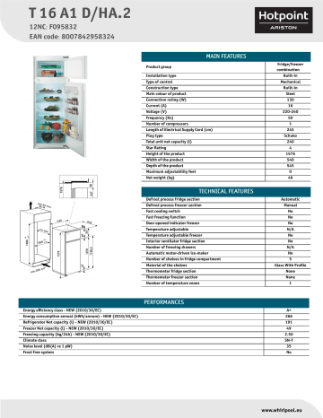 HOTPOINT/ARISTON T 16 A1 D/HA.2 Fridge/freezer combination Product Data Sheet | Manualzz