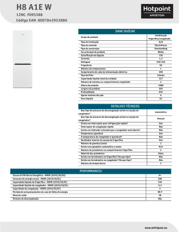 HOTPOINT/ARISTON H8 A1E W Fridge/freezer combination Product Data Sheet | Manualzz