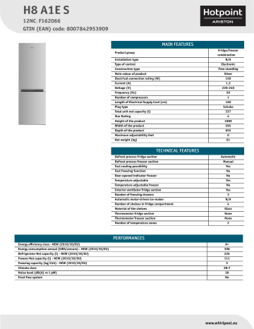 HOTPOINT/ARISTON H8 A1E S Fridge/freezer combination Product Data Sheet | Manualzz