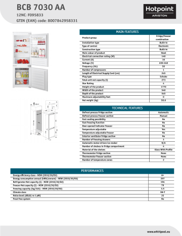 HOTPOINT/ARISTON BCB 7030 AA Fridge/freezer combination Product Data Sheet | Manualzz