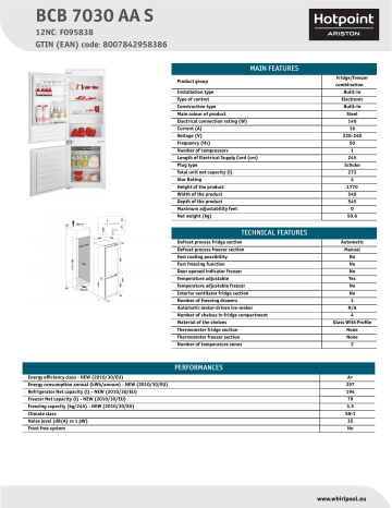 HOTPOINT/ARISTON BCB 7030 AA S Fridge/freezer combination Product Data Sheet | Manualzz