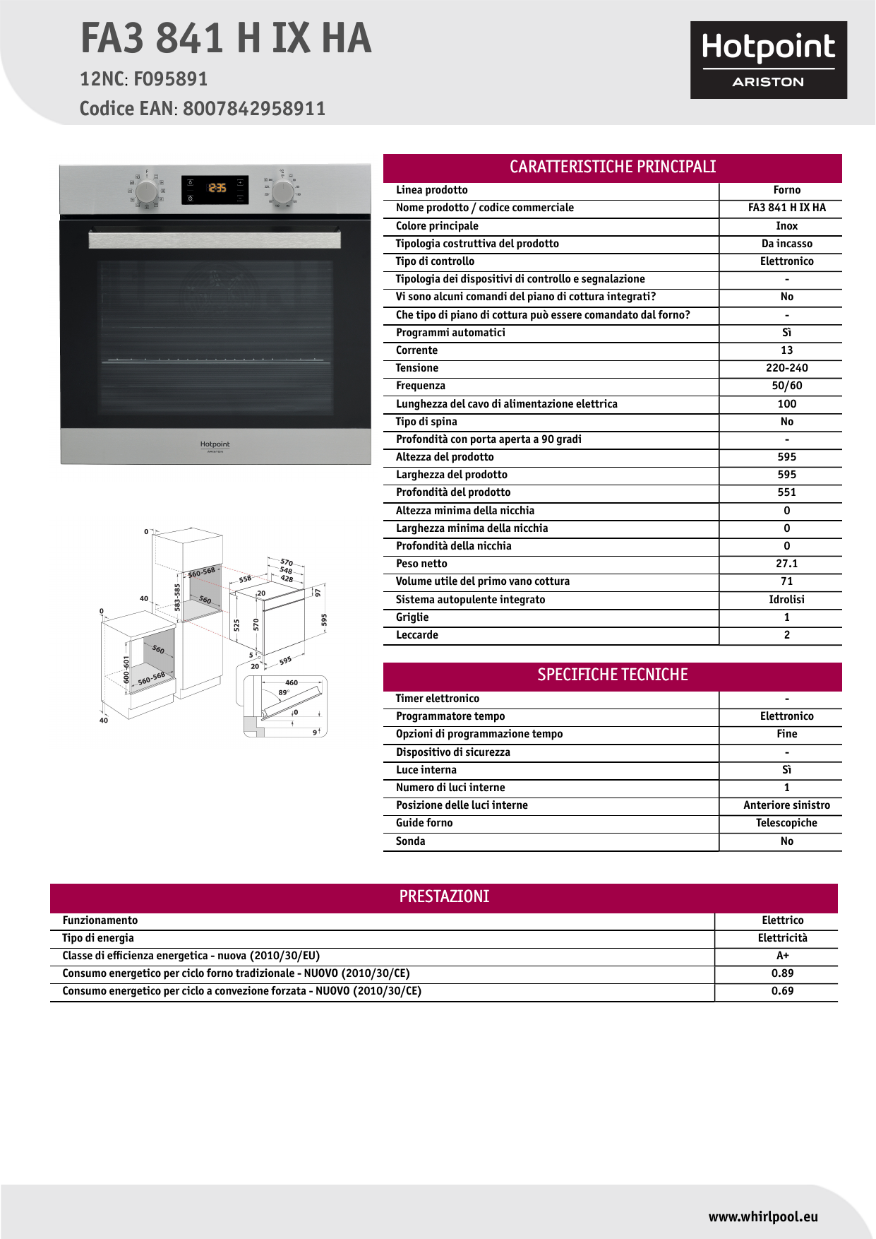 HOTPOINT/ARISTON FA3 841 H IX HA Oven Product Data Sheet | Manualzz