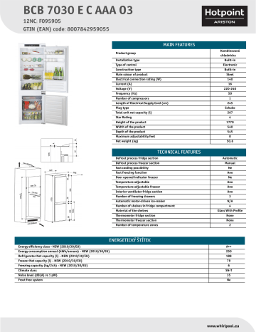 HOTPOINT/ARISTON BCB 7030 E C AAA O3 Fridge/freezer combination Product Data Sheet | Manualzz